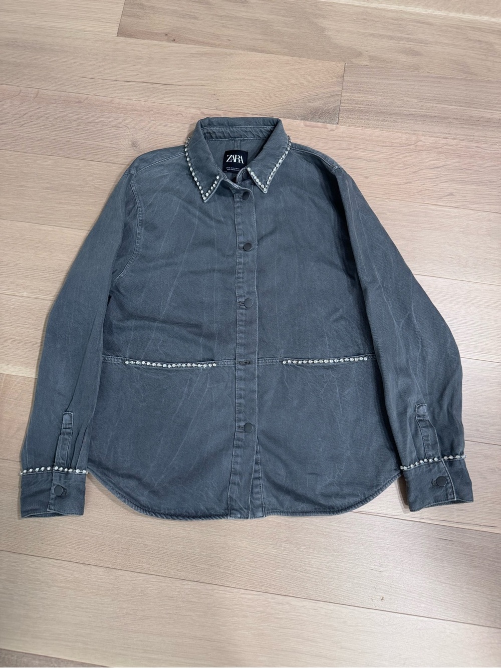 Zara Women’s Charcoal Button-Down Denim Shirt with Crystal Embelishment
